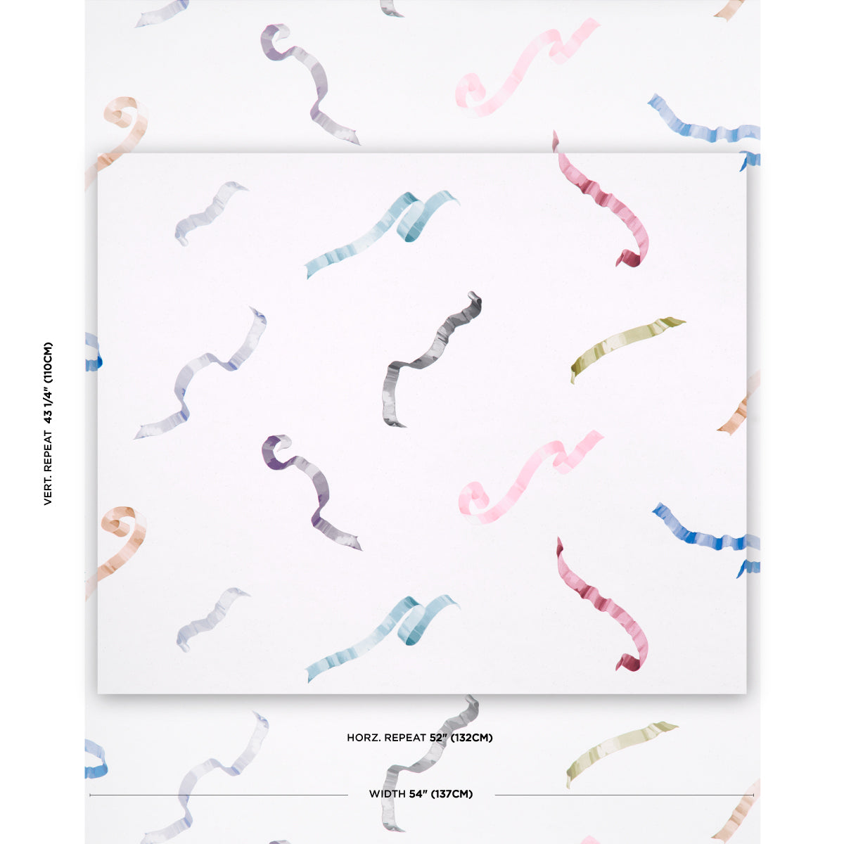 White gift wrap paper with scattered pastel curling ribbons in blue, pink, lavender, mint and gold.