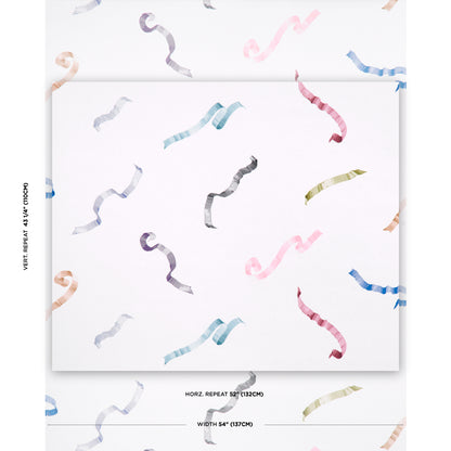 White gift wrap paper with scattered pastel curling ribbons in blue, pink, lavender, mint and gold.