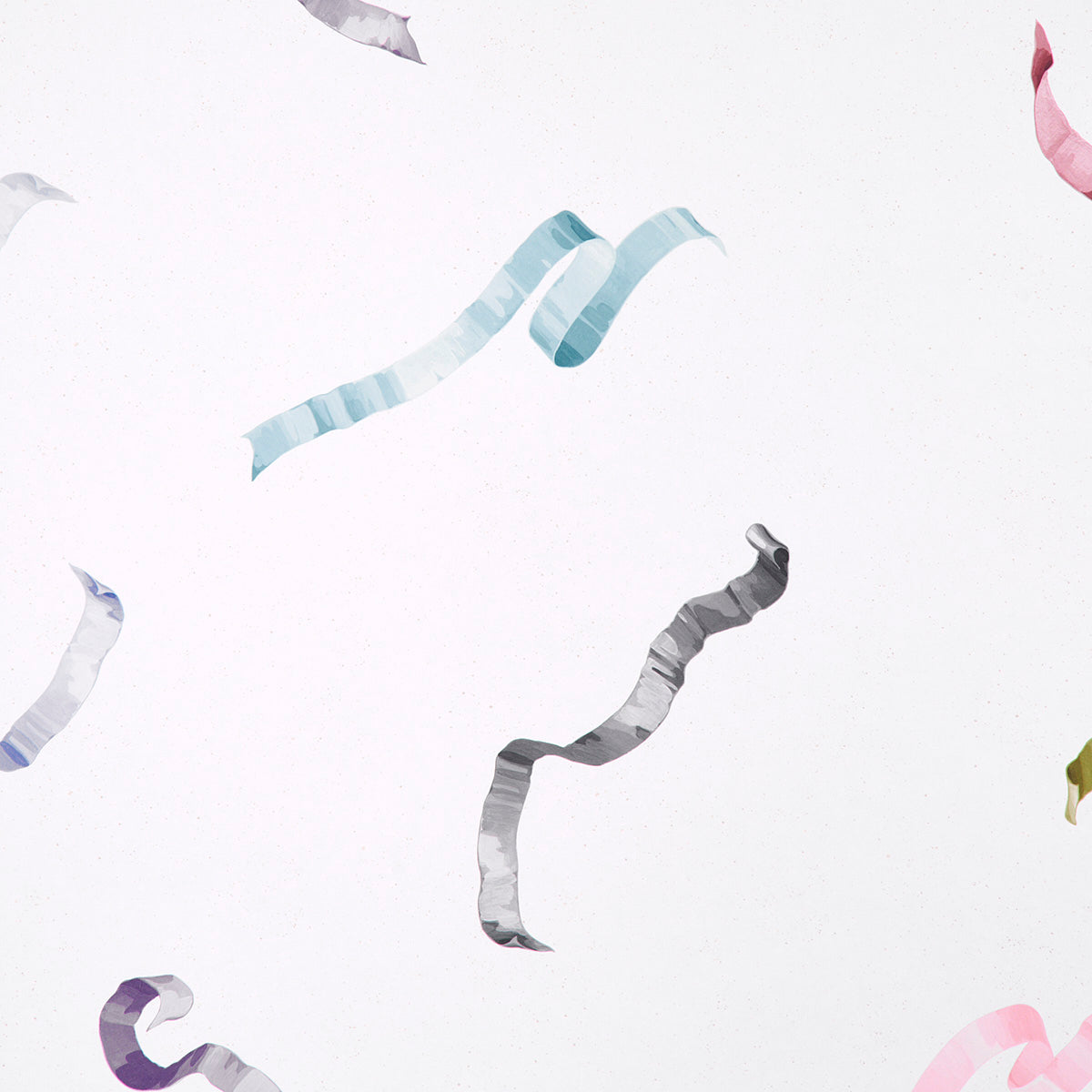 Pastel curled ribbon streamers in blue, gray, pink & purple, scattered.