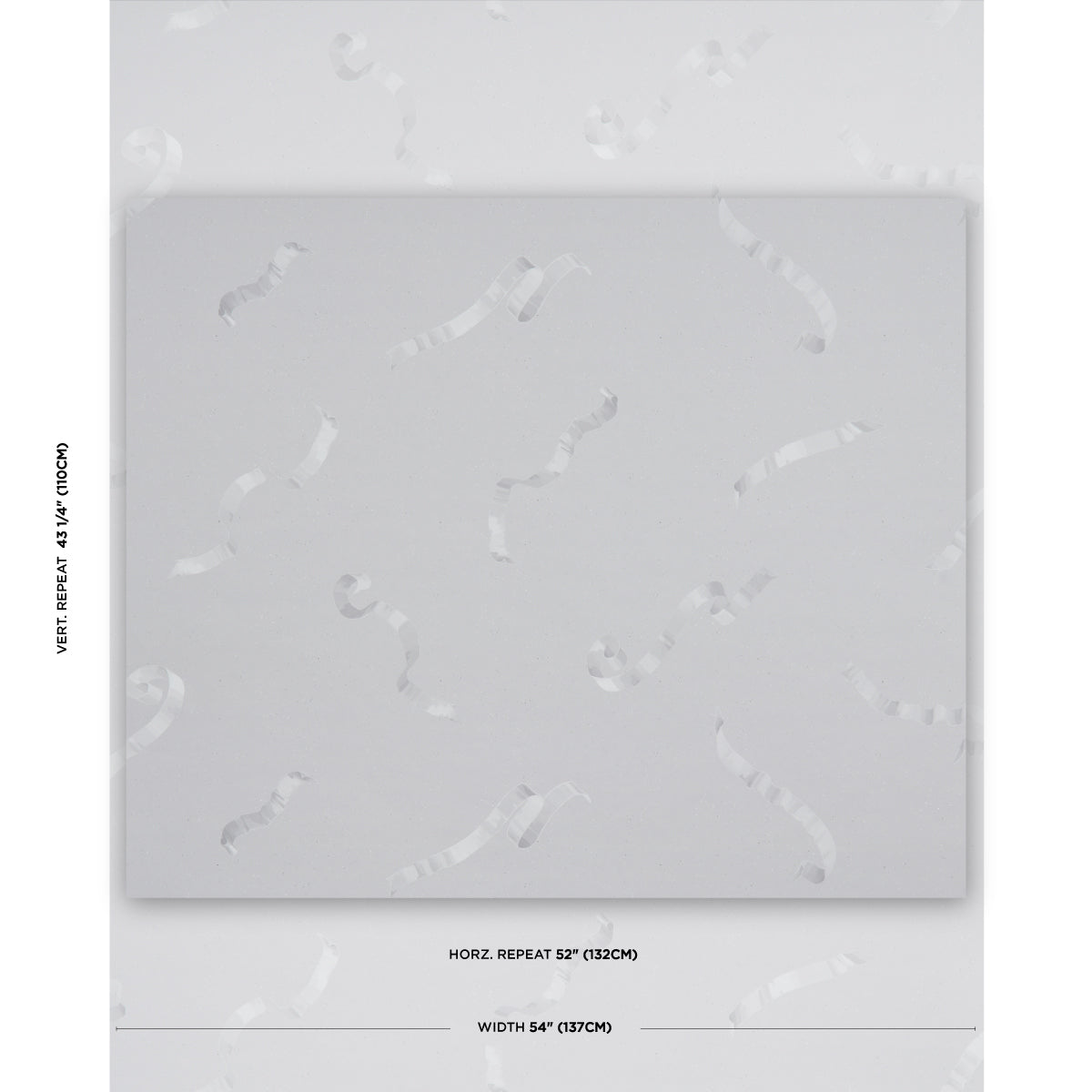 Light gray wallpaper with subtle white ribbon-like curls; sample sheet, 54" width.