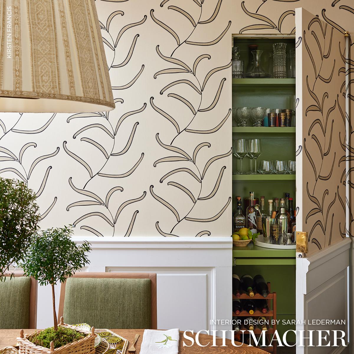 Caterpillar Leaf Wallpaper by Neisha Crosland featuring an elegant black and cream botanical design with unfurling leaf motifs inspired by antique Indian crewelwork. Luxury designer wallpaper for statement walls, living rooms, bedrooms, dining rooms, entryways, powder rooms, and high-end interior design projects with modern classic and eclectic styling.