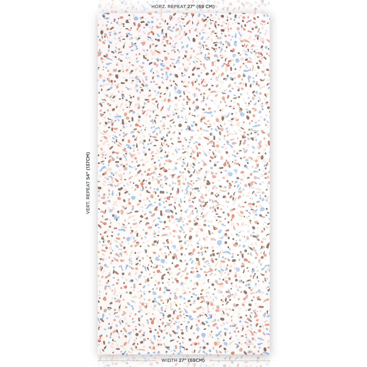 Terrazzo-style speckled wallpaper sample: white background with blue, pink and gray chips; repeat notes printed along edges.