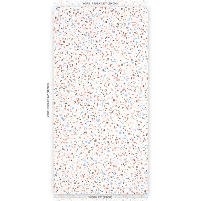 Terrazzo-style speckled wallpaper sample: white background with blue, pink and gray chips; repeat notes printed along edges.