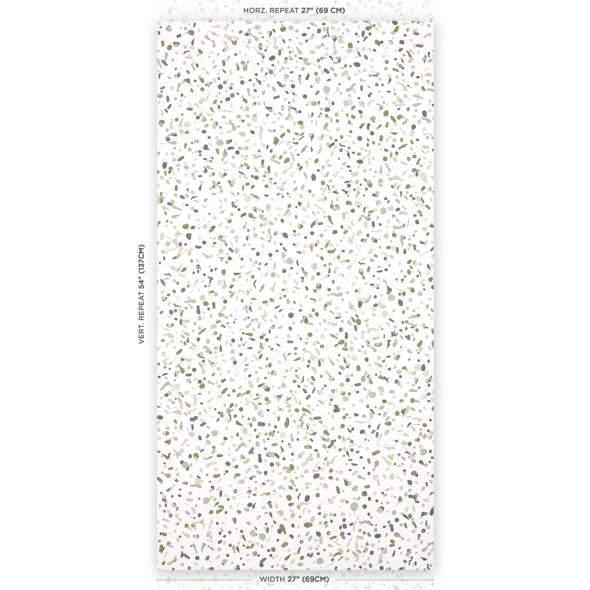 Terrazzo-style white wallpaper sample with tiny olive-green and gray specks; rectangular sheet.