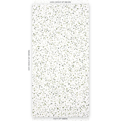 Terrazzo-style white wallpaper sample with tiny olive-green and gray specks; rectangular sheet.