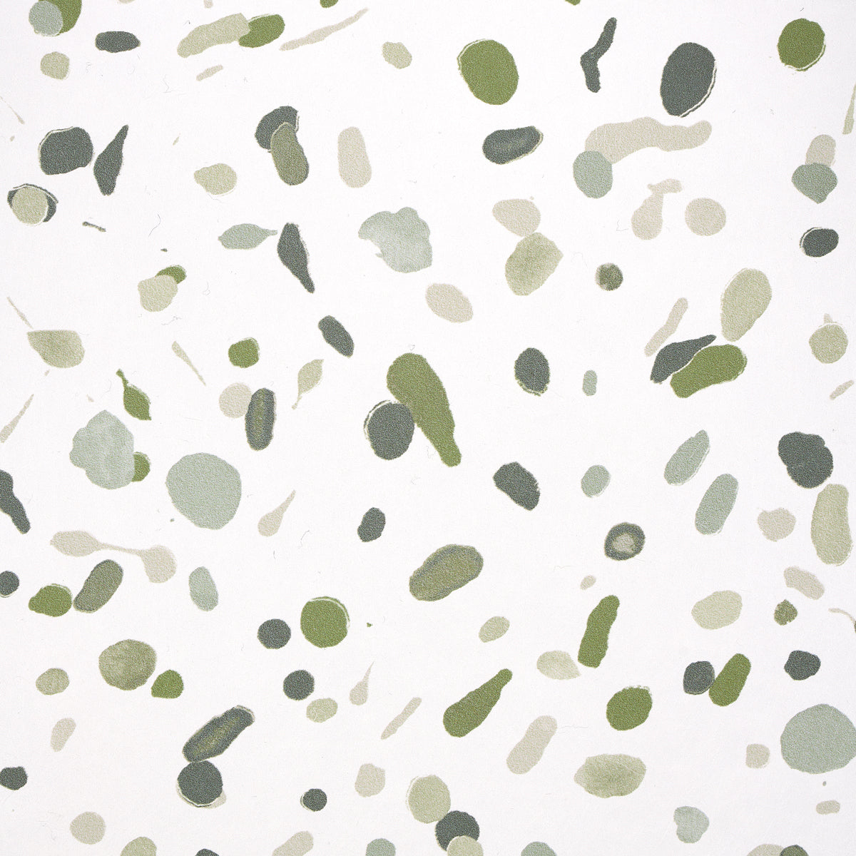 Abstract green and gray watercolor dot pattern on a white backdrop; irregular olive-green blobs and circles.