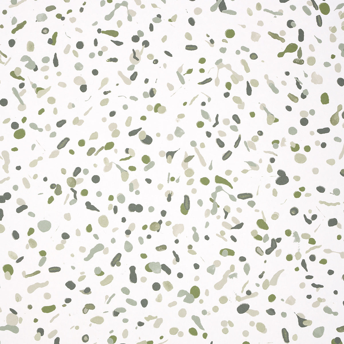 White background with scattered olive-green and gray terrazzo-style speckles; small irregular chips for fabric or wallpaper.