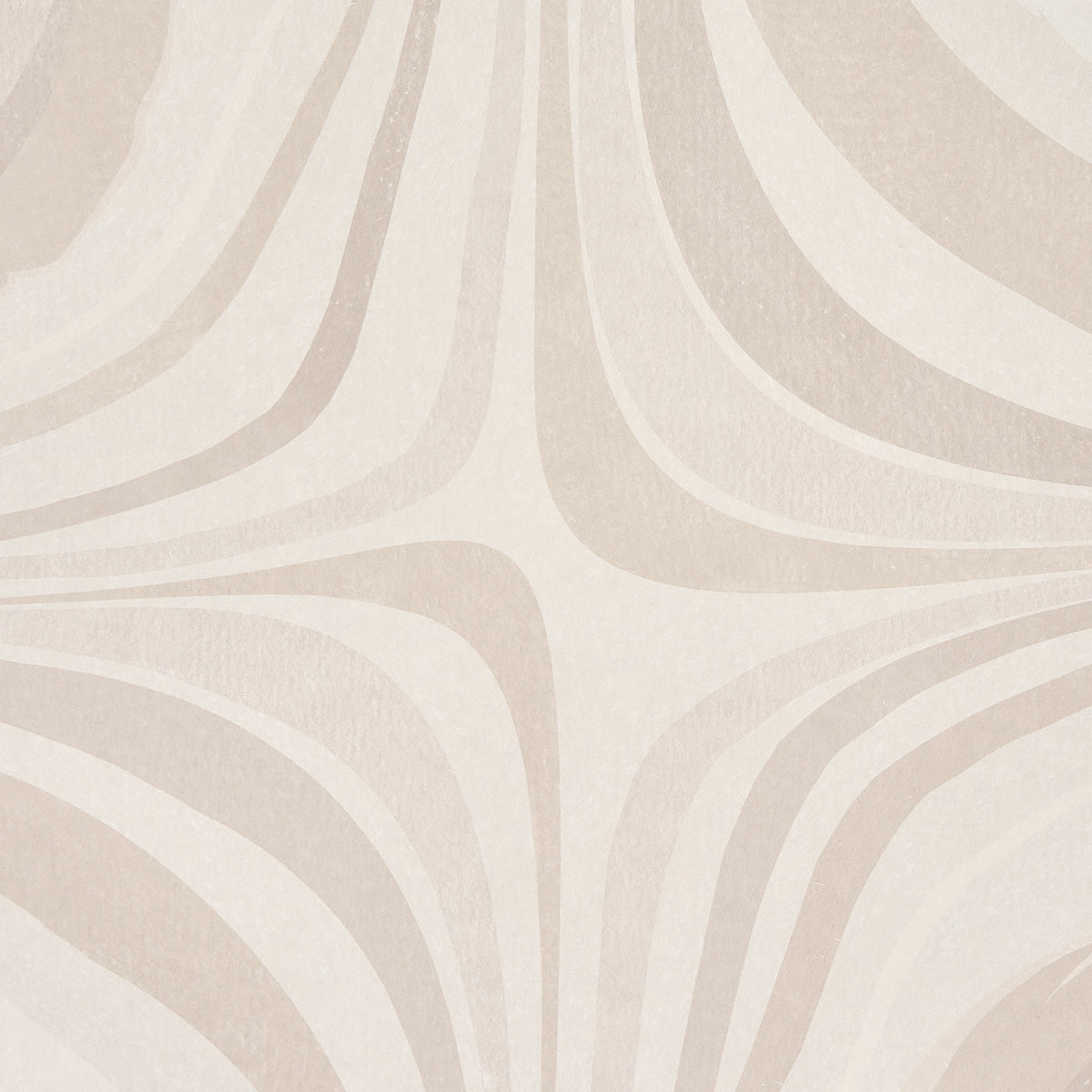 Beige and cream mid-century patterned rug with sweeping curved taupe stripes and soft texture