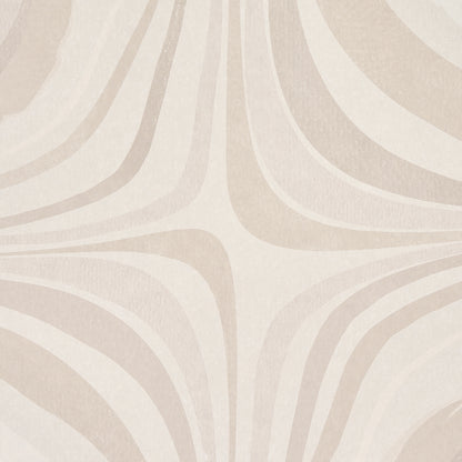 Beige and cream mid-century patterned rug with sweeping curved taupe stripes and soft texture