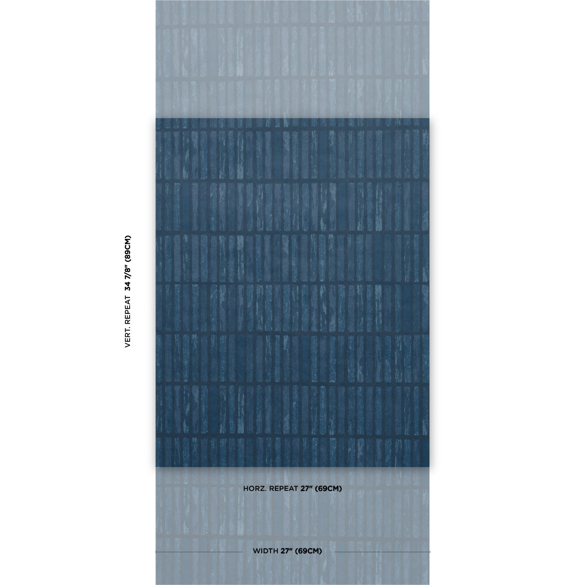 Blue brick-pattern wallpaper sample with light blue top/bottom bands and a dark navy center.