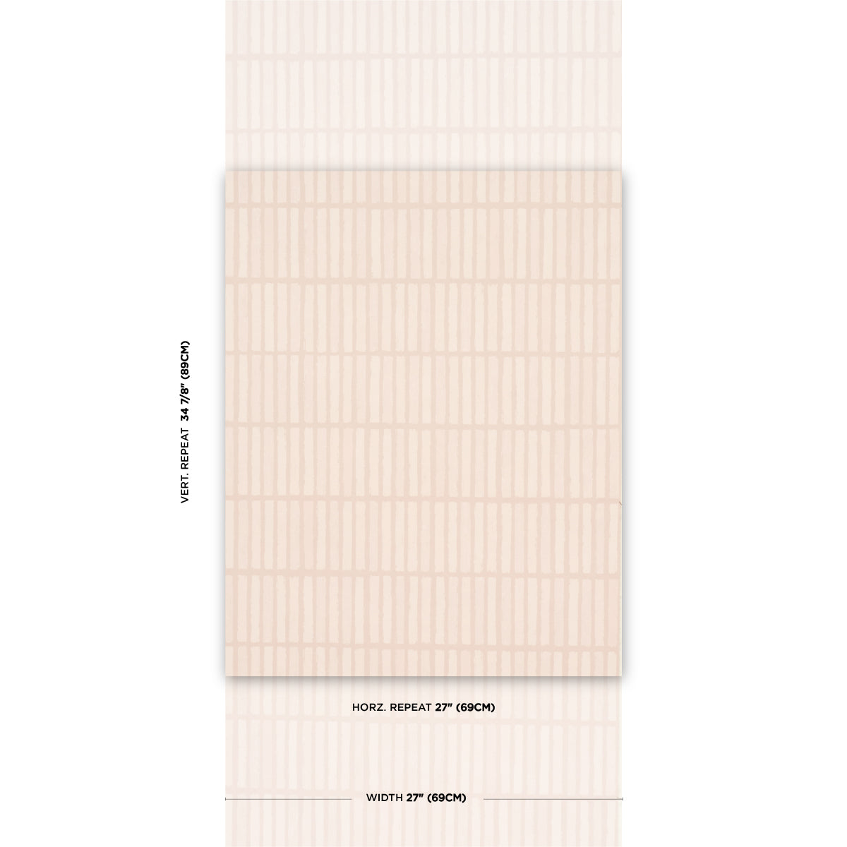 Muted pink wallpaper swatch with a soft vertical grid pattern; 27in repeat.