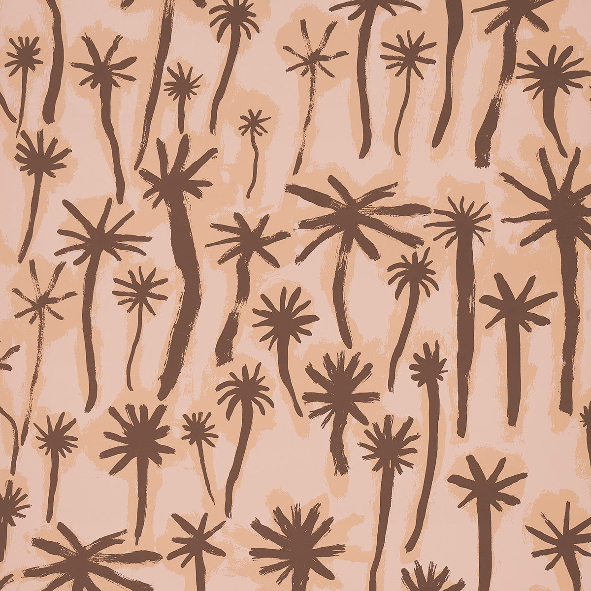 Brown palm tree silhouettes on coral background; tropical, seamless pattern.