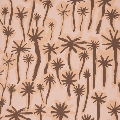 Brown palm tree silhouettes on coral background; tropical, seamless pattern.