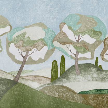 Abstract landscape with rounded trees and rolling hills in sage greens, blues and beige.