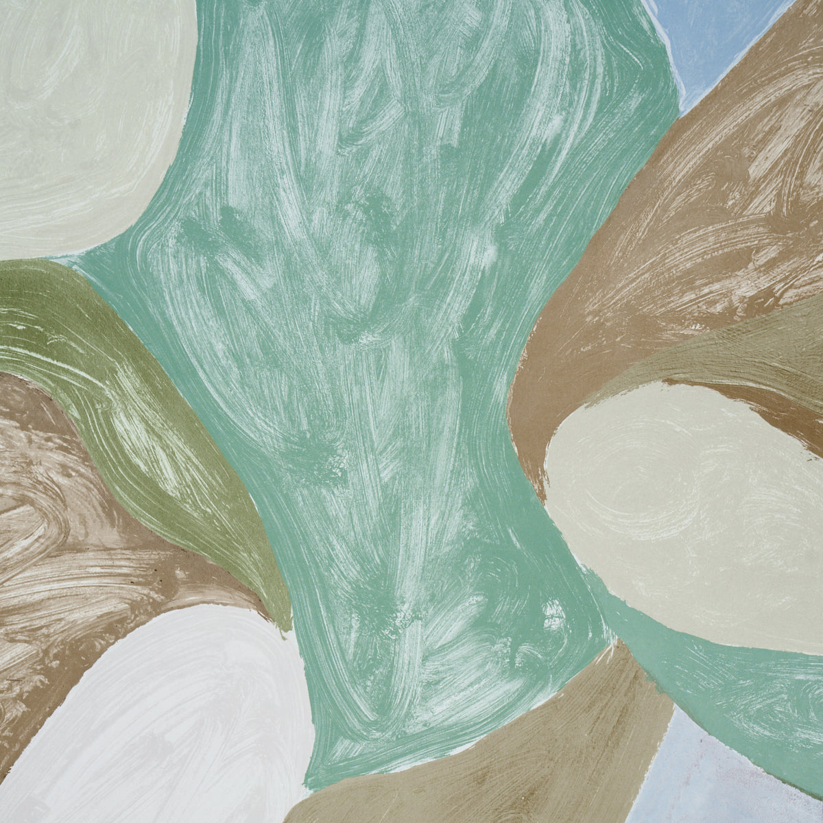Abstract pastel painting with mint green, beige, tan swirls and cream shapes; modern wall art.