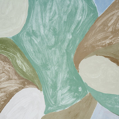 Abstract pastel painting with mint green, beige, tan swirls and cream shapes; modern wall art.