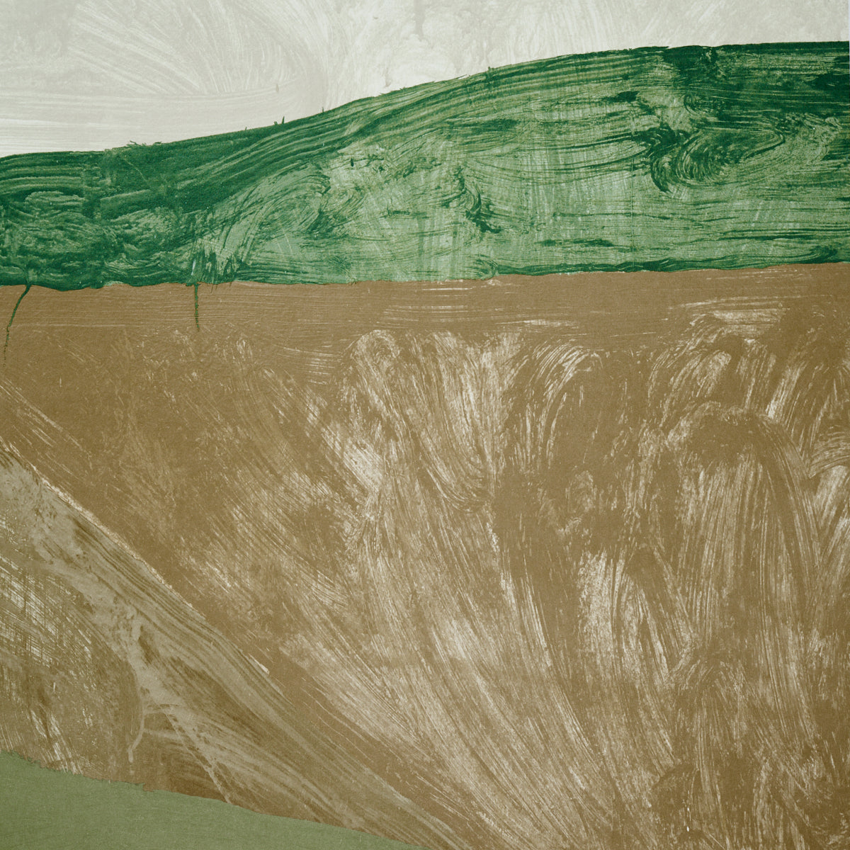Abstract landscape painting with a green upper band over beige valley, white sky; textured brush strokes, earthy palette.