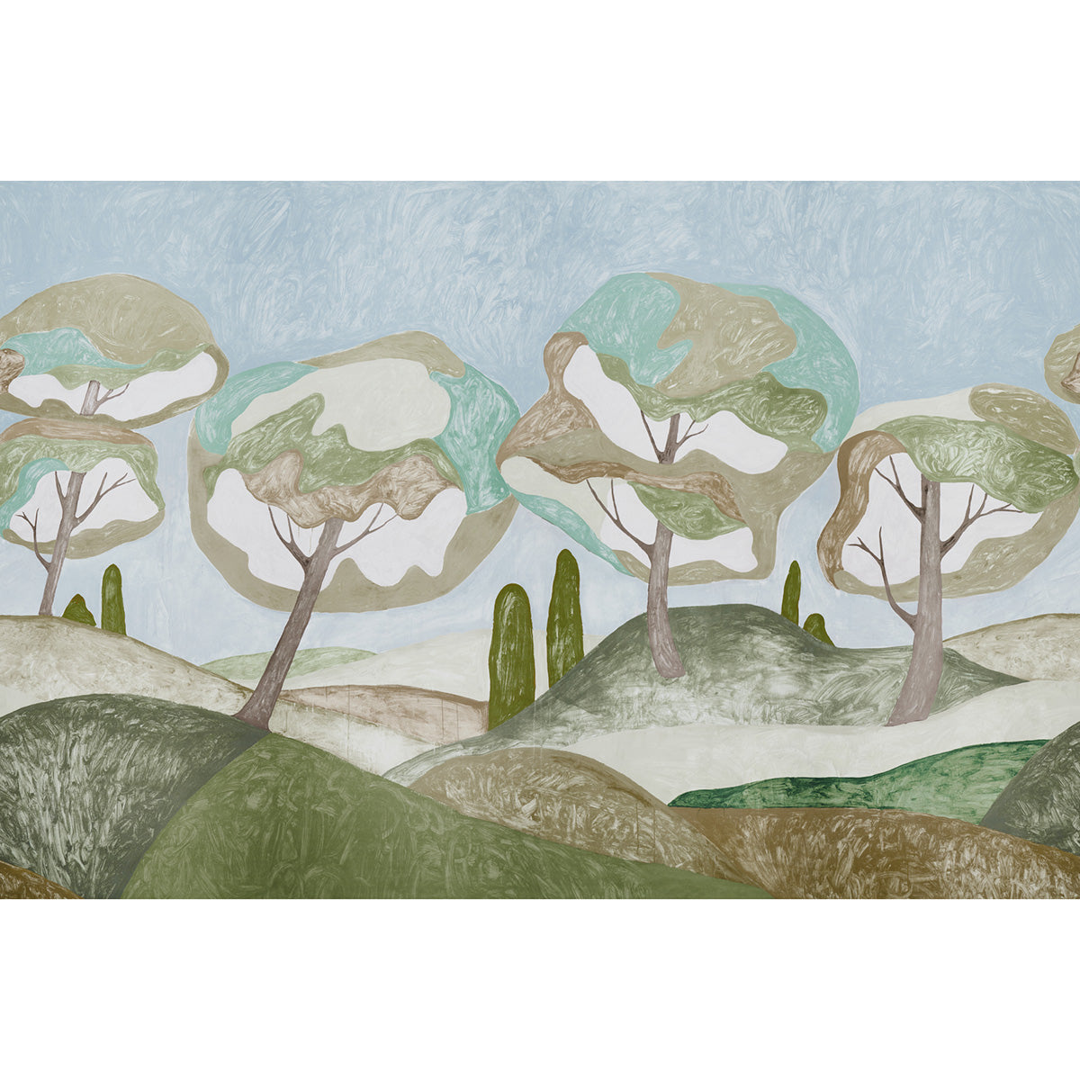 Pastel landscape painting featuring rolling hills and rounded trees in greens and browns under a pale blue sky.