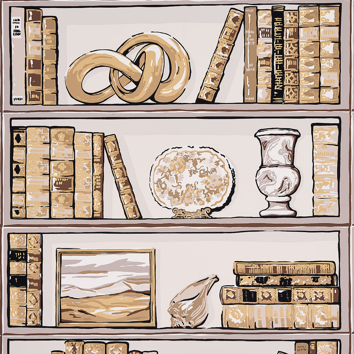 Beige-toned bookshelf with a decorative knot, vintage books, an ornate plate, a ceramic vase, framed landscape, and a shell.