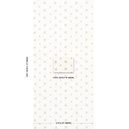 Cream wallpaper with tiny pale gold florals in a delicate allover repeat; central swatch shows 9" horizontal repeat