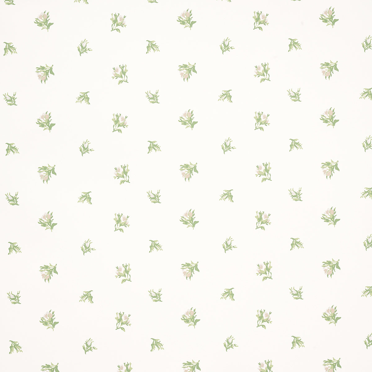 Cream background with tiny pale green botanical sprigs in a subtle repeating pattern, great for wallpaper or fabric.
