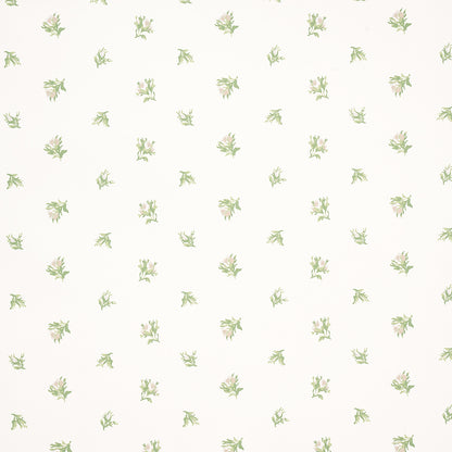 Cream background with tiny pale green botanical sprigs in a subtle repeating pattern, great for wallpaper or fabric.