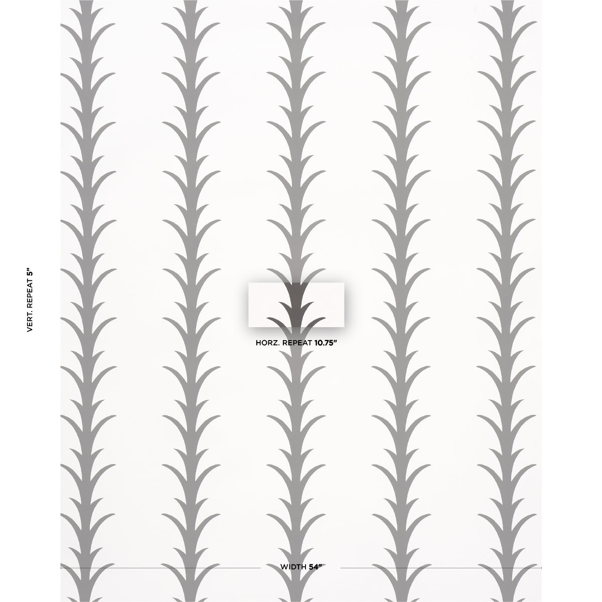 Vertical acanthus stripe wallpaper in carbon on ivory with a repeating column pattern.