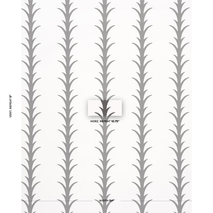 Vertical acanthus stripe wallpaper in carbon on ivory with a repeating column pattern.