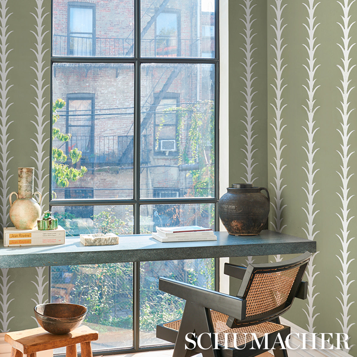 SCHUMACHER  ATELIER PARIS ACANTHUS STRIPE   Metallic On Sage   - 5014776