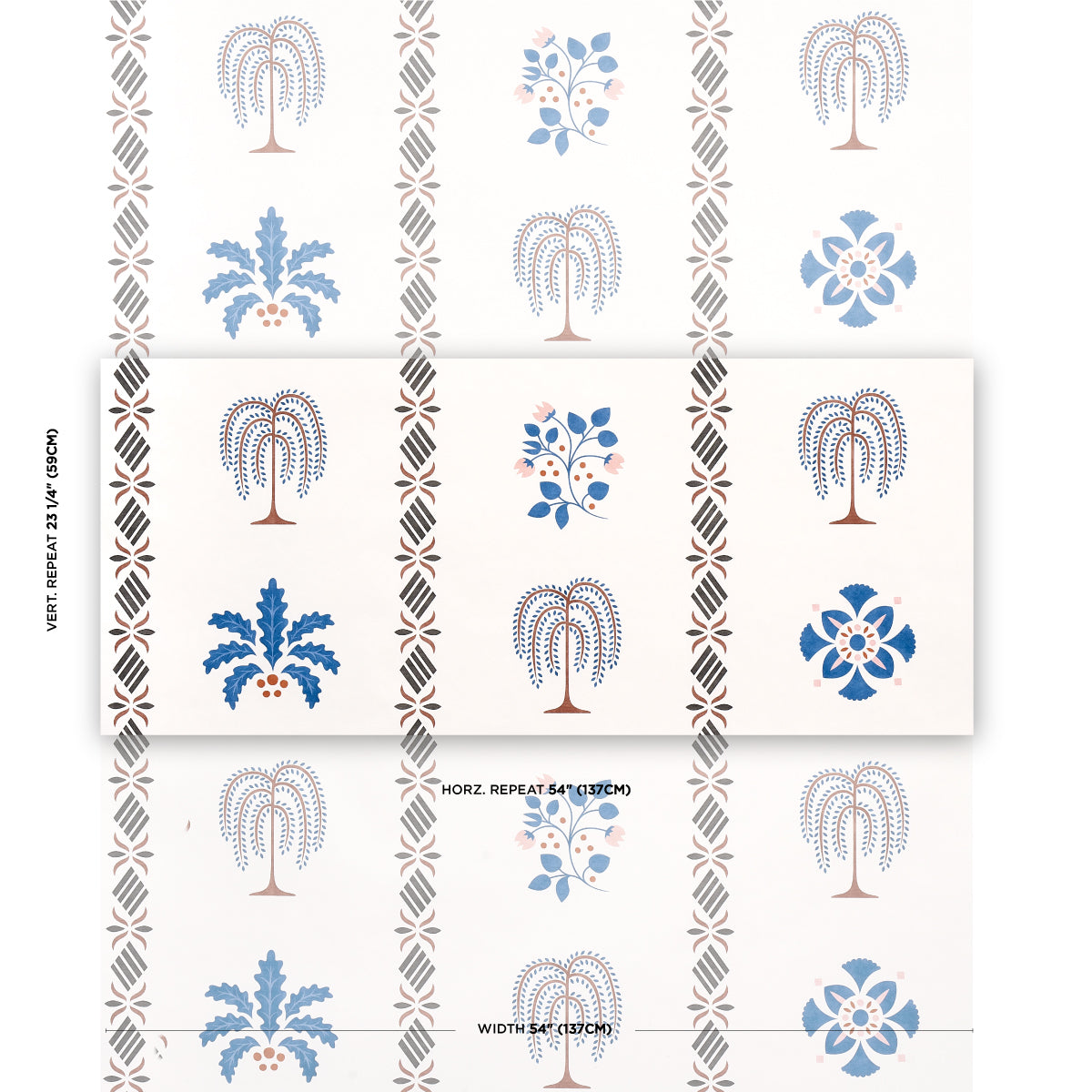 White stencil swatch showing blue floral motifs and brown palm-tree patterns with decorative borders in a grid.