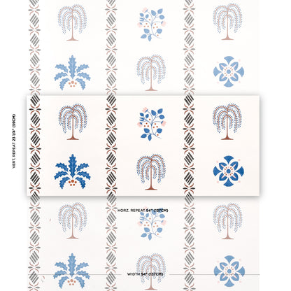 White stencil swatch showing blue floral motifs and brown palm-tree patterns with decorative borders in a grid.