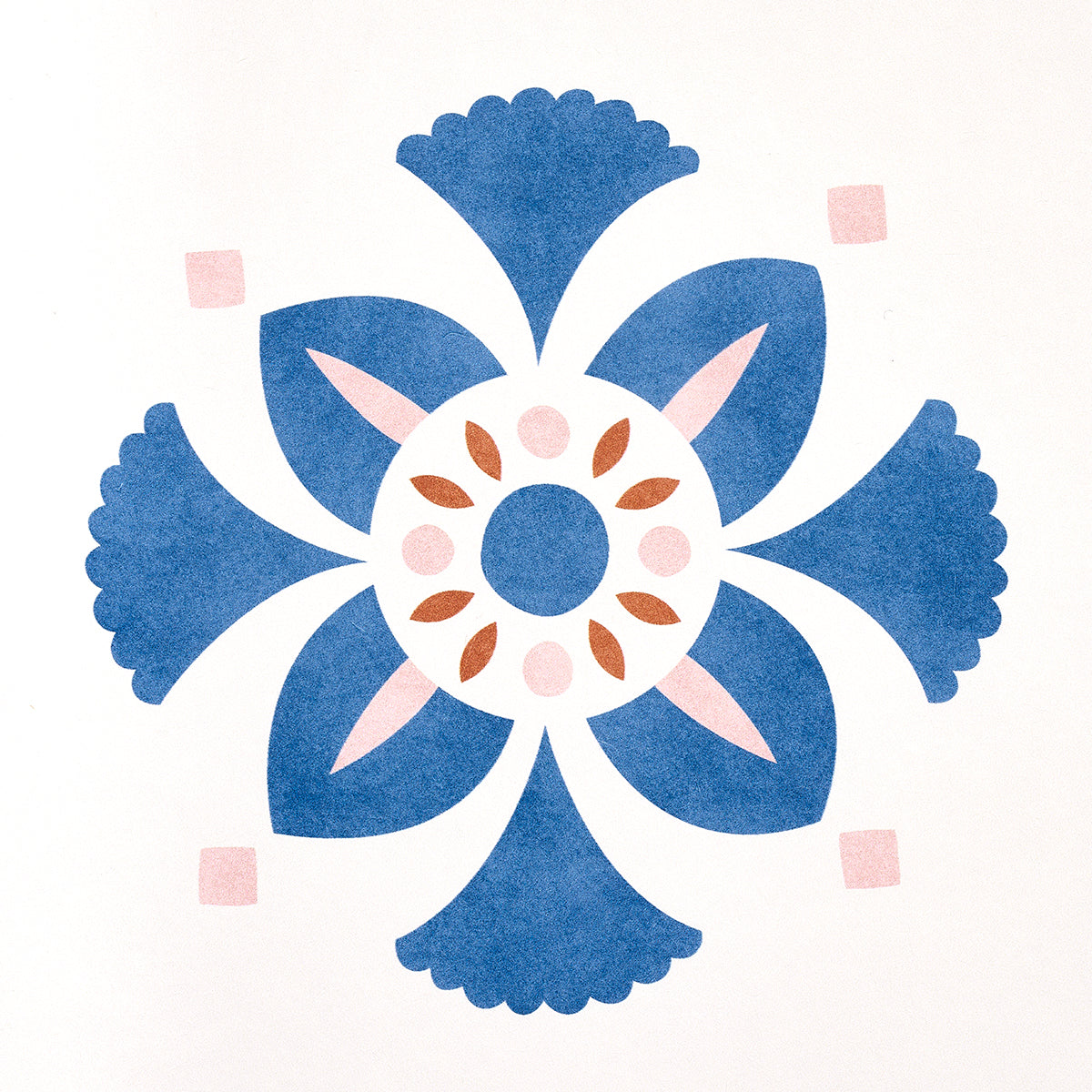 Symmetrical blue floral tile motif with six rounded petals, central blue disk and pink accents on white background.