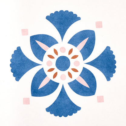 Symmetrical blue floral tile motif with six rounded petals, central blue disk and pink accents on white background.