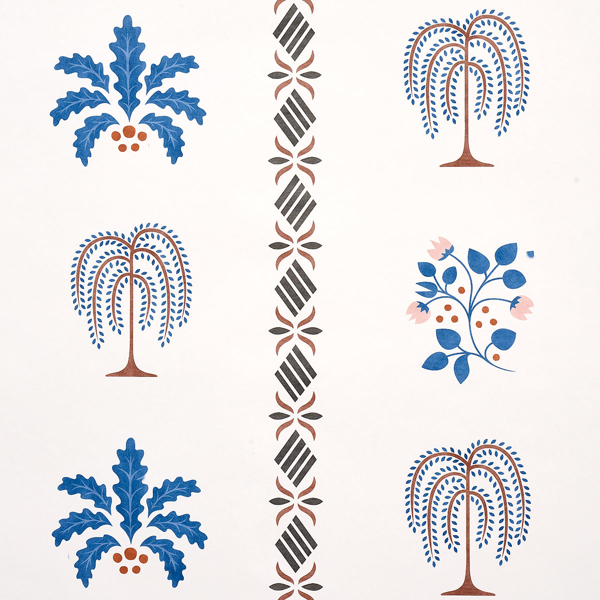 Patterned wallpaper with blue palm/fern trees, pink blossoms, brown trunks, and a vertical central diamond border.
