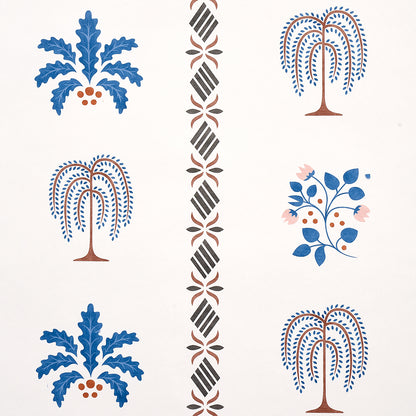 Patterned wallpaper with blue palm/fern trees, pink blossoms, brown trunks, and a vertical central diamond border.