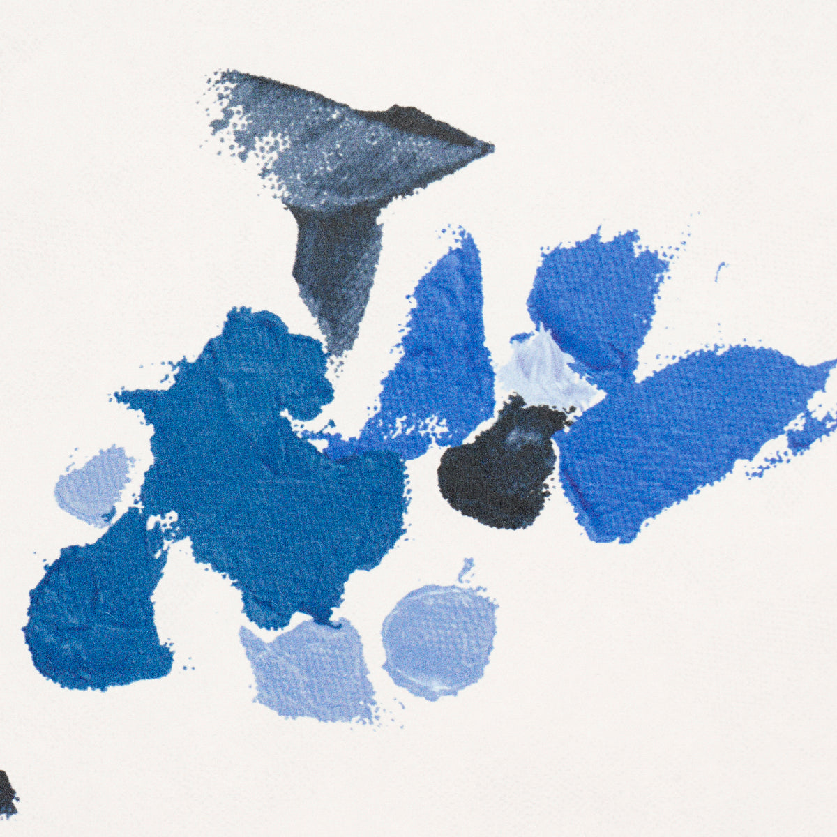 Abstract blue paint swatches on white canvas; navy to light blue brush strokes with a textured, painterly feel.