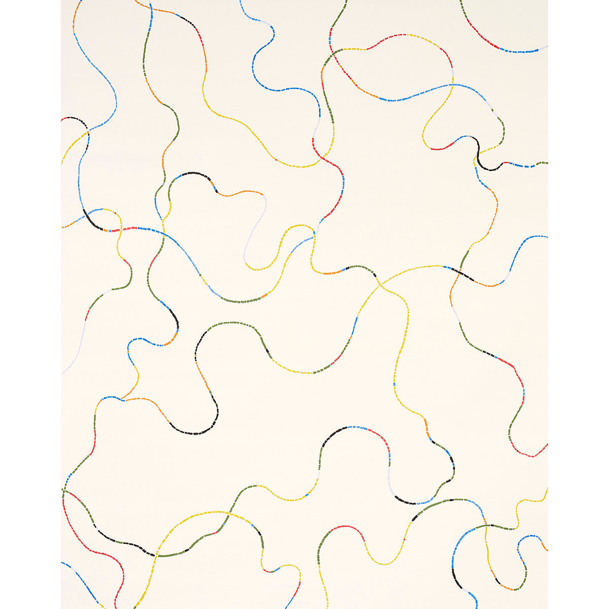 Abstract beige canvas backdrop with multicolored squiggly lines in blue, red, yellow, green and black forming looping curves.