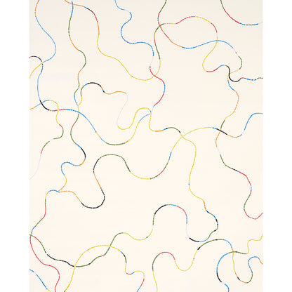 Abstract beige canvas backdrop with multicolored squiggly lines in blue, red, yellow, green and black forming looping curves.