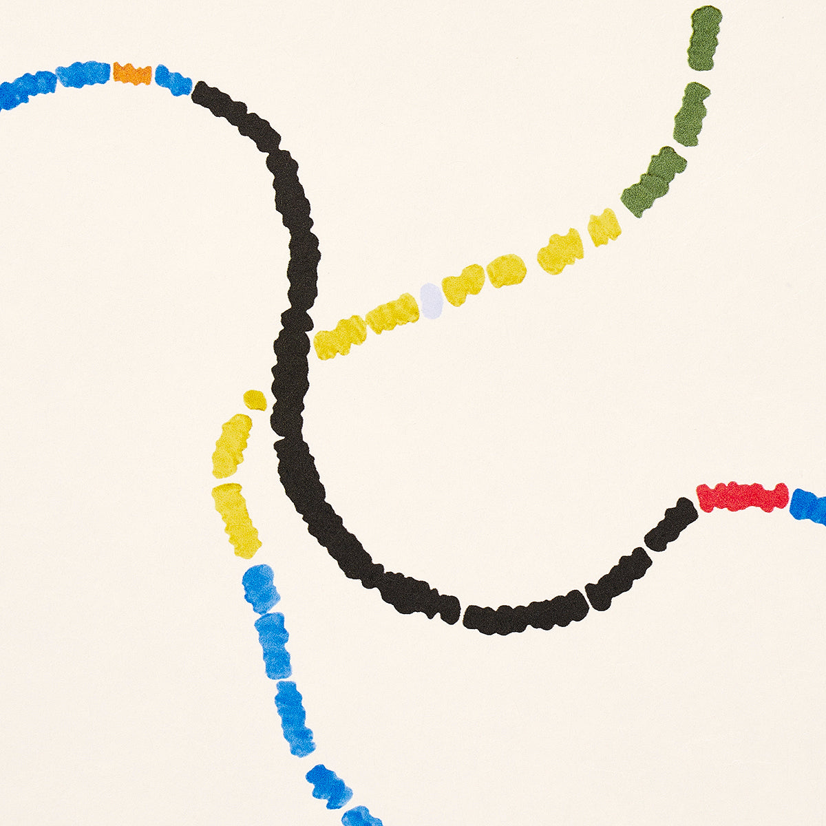 Abstract dotted lines form colorful arcs in blue, yellow, black, red & green on cream background; wallpaper.