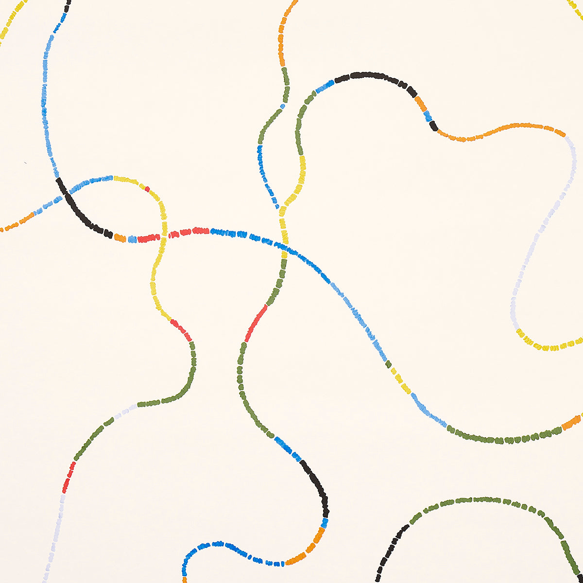 Abstract beige wallpaper with meandering dotted lines in blue, yellow, orange, green and black; modern art motif for wall decor.