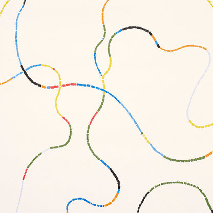 Abstract beige wallpaper with meandering dotted lines in blue, yellow, orange, green and black; modern art motif for wall decor.