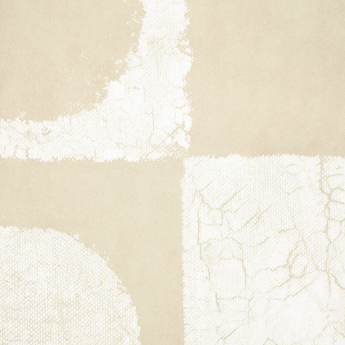 Beige and ivory patchwork tile-like pattern with crackled white glaze, ceramic look.
