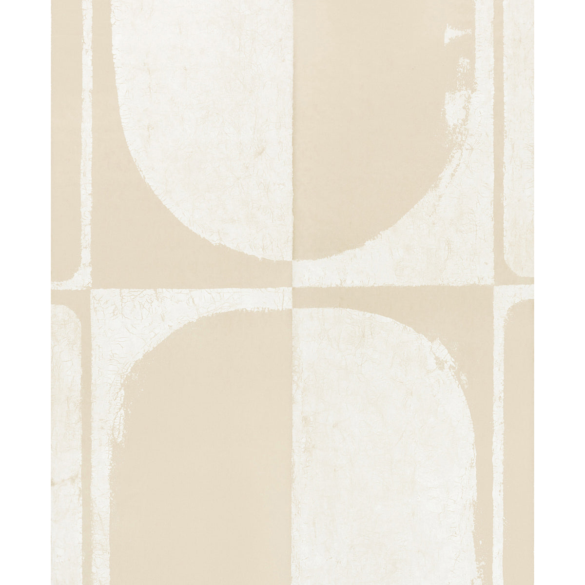 Beige rug featuring white circular & arch shapes in a grid; modern abstract geometric pattern.