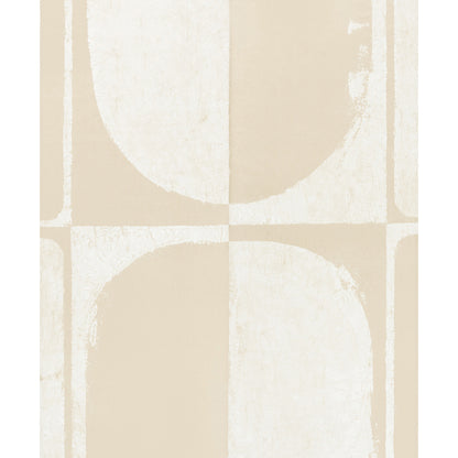 Beige rug featuring white circular & arch shapes in a grid; modern abstract geometric pattern.