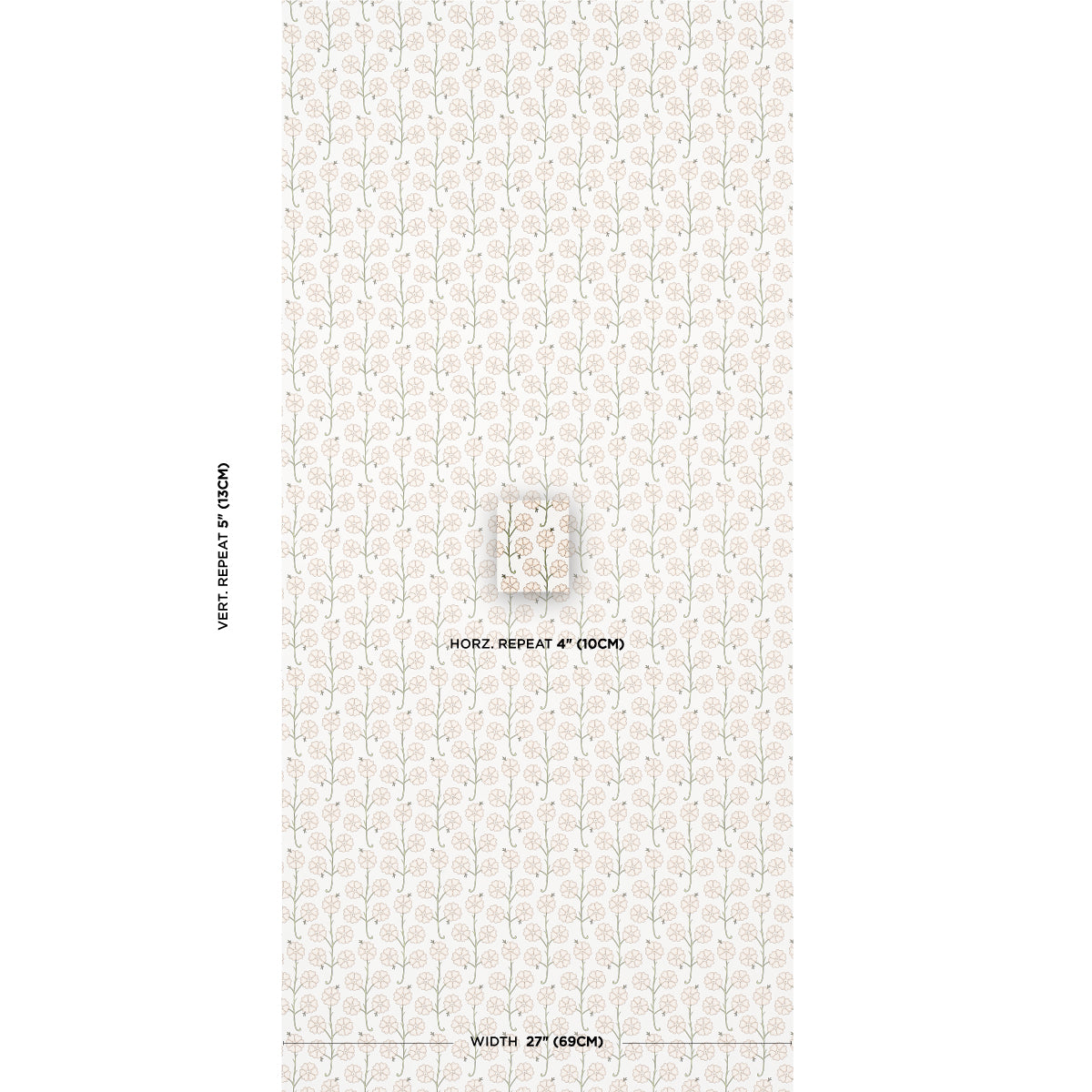 Neutral cream wallpaper with delicate beige botanical motifs; vertical repeating pattern; wallcovering sample, 27in wide.