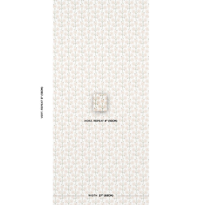 Neutral cream wallpaper with delicate beige botanical motifs; vertical repeating pattern; wallcovering sample, 27in wide.