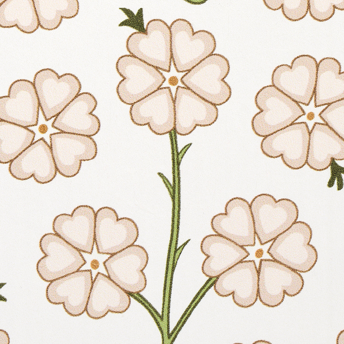 Cream background floral pattern with pink four-petal flowers, brown outlines, yellow centers, green stems, seamless repeat