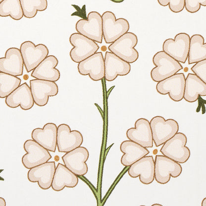 Cream background floral pattern with pink four-petal flowers, brown outlines, yellow centers, green stems, seamless repeat