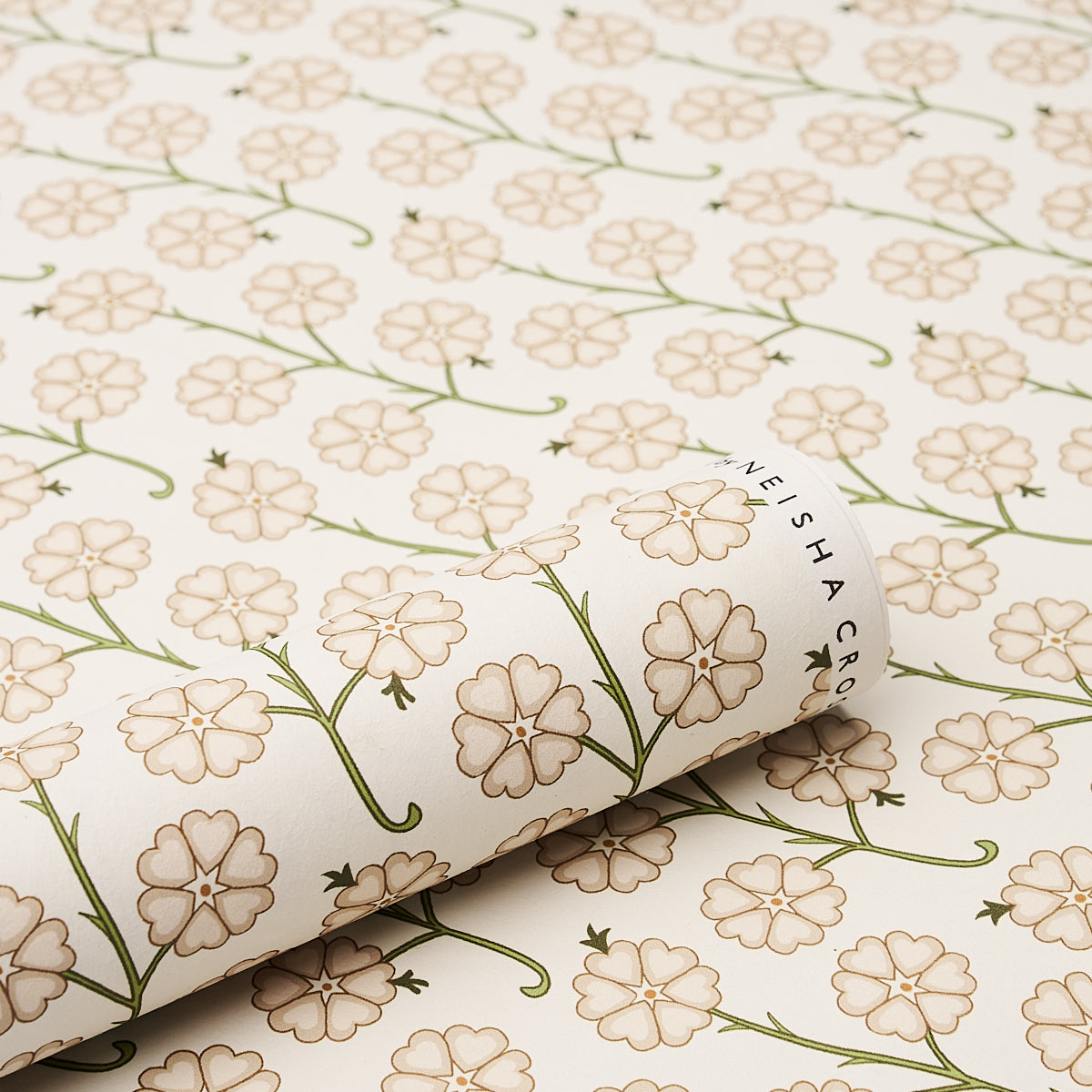 Cream wallpaper featuring gardenia floral motifs with green curling stems in a vintage botanical pattern.