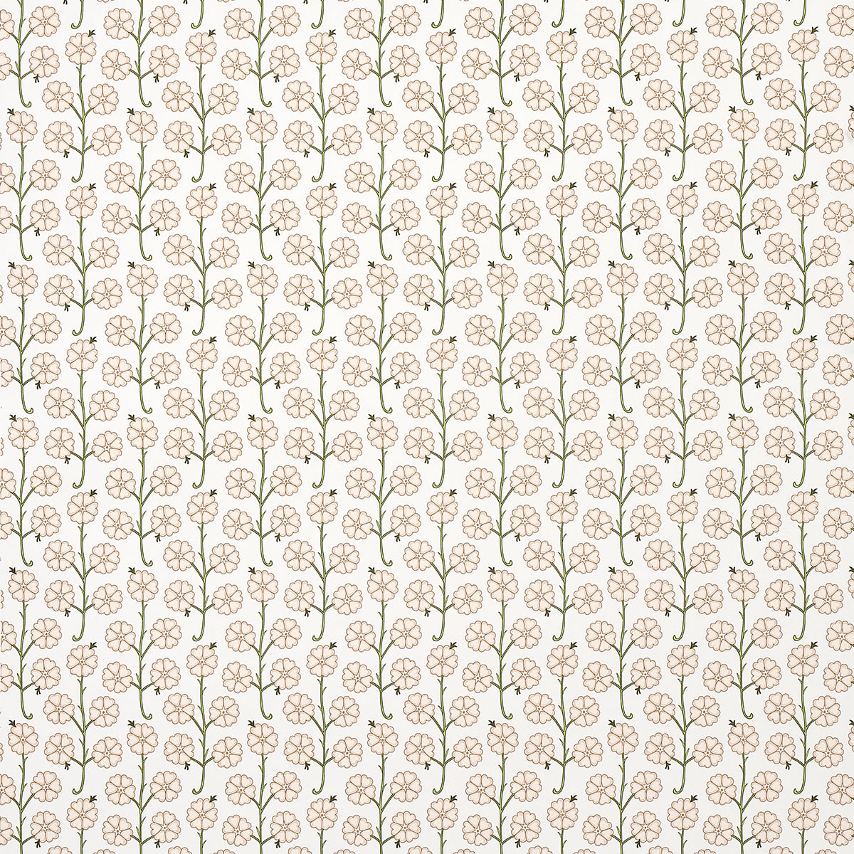 Cream background with vertical sage-green stems and small pink blossoms in a delicate repeating floral pattern.